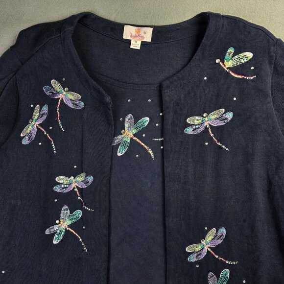 Quacker Factory Sweater Set Womens 1X Blue Dragonfly Rhinestone 2 in 1 Twinset - Picture 3 of 14